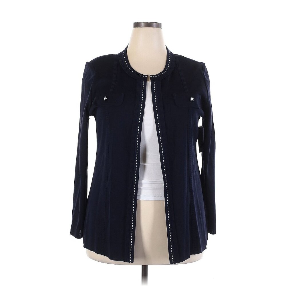 New women Exclusively Misook Navy Blue White Open Front Cardigan Size XL
